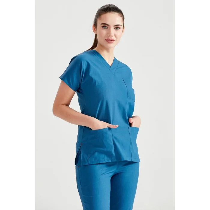 Petrol Blue Monochrome Lycra Fabric Surgical Suit V Neck Uniform