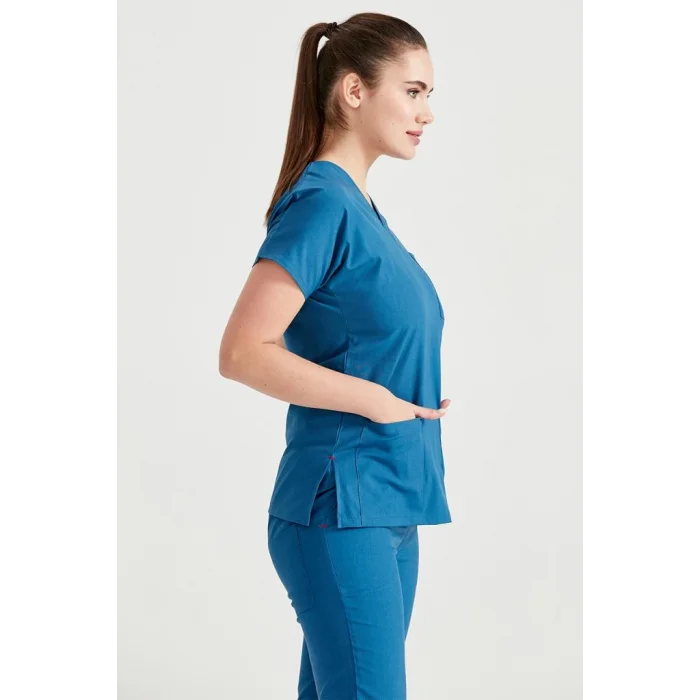 Petrol Blue Monochrome Lycra Fabric Surgical Suit V Neck Uniform