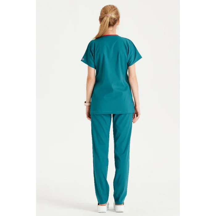 Petrol Yeşili Likra kumaş Cerrahi takım V Yaka Forma