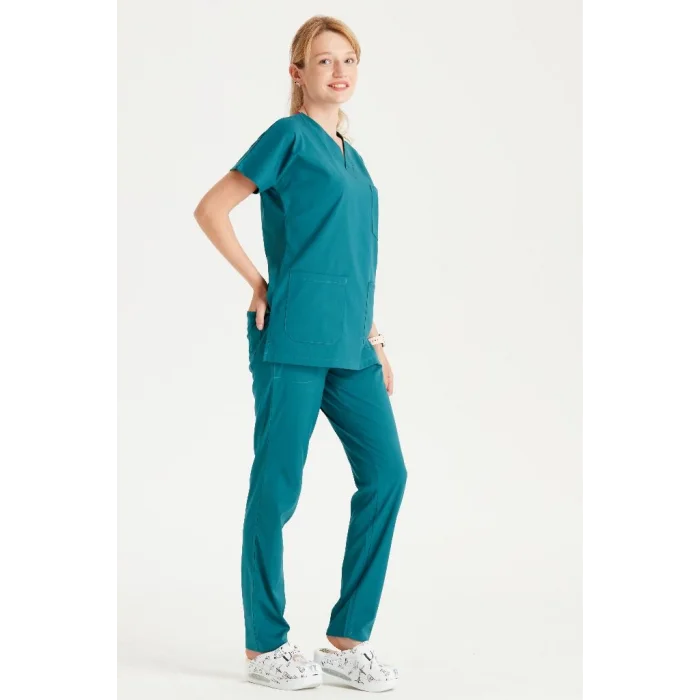 Petrol Yeşili Likra kumaş Cerrahi takım V Yaka Forma