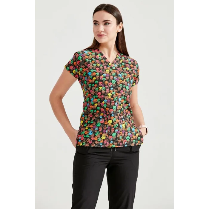 Renkli Kuru Kafa Desenli Likralı Kumaş Cerrahi Takım V Yaka Forma