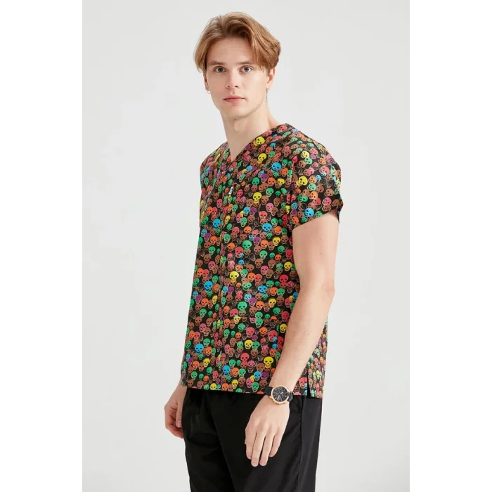 Colorful Skull Patterned Lycra Fabric Surgical Top V Neck Form