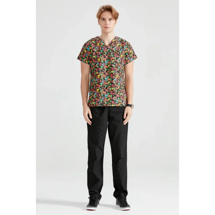 Colorful Skull Patterned Lycra Fabric Surgical Top V Neck Form
