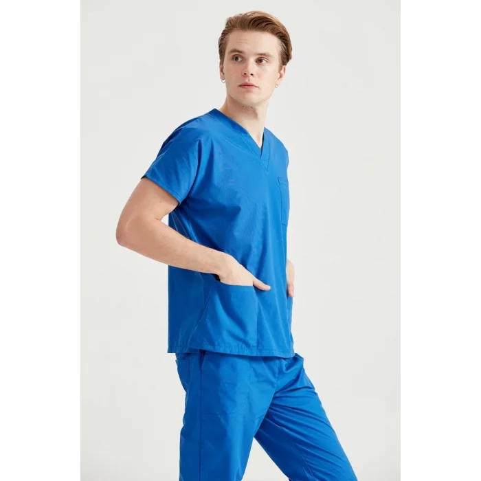 Saks Mavi Renkli Cerrahi Takım Terikoton İnce Kumaş V Yaka Forma