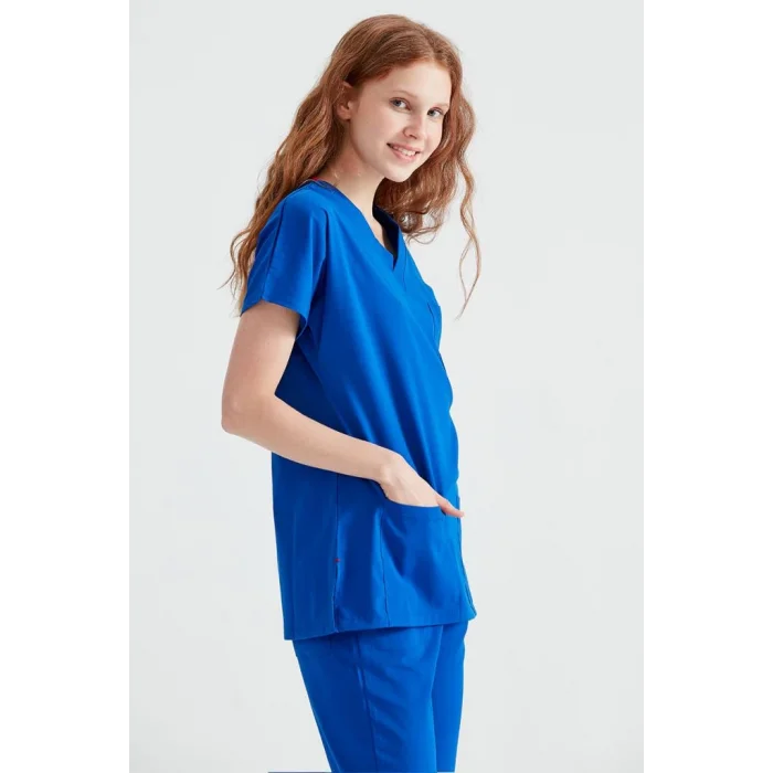 Saks Mavi Renkli Cerrahi Takım Terikoton İnce Kumaş V Yaka Forma