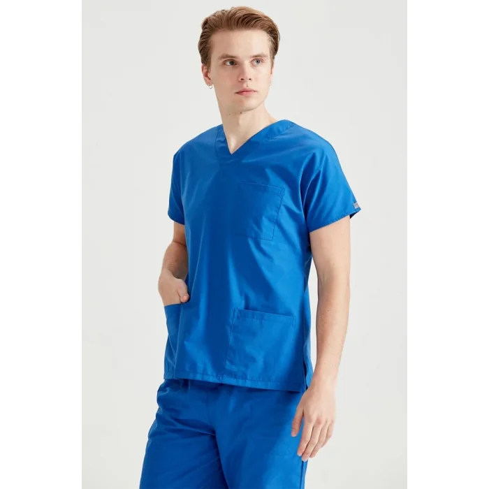 Saks Mavi Renkli Cerrahi Takım Terikoton İnce Kumaş V Yaka Forma