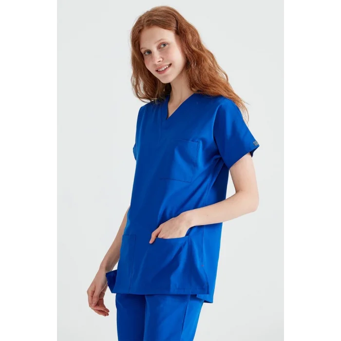 Saks Mavi Renkli Cerrahi Takım Terikoton İnce Kumaş V Yaka Forma