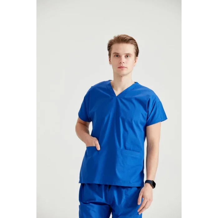 Saks Mavi Tek Renkli Likralı Kumaş Cerrahi Takım V Yaka Forma