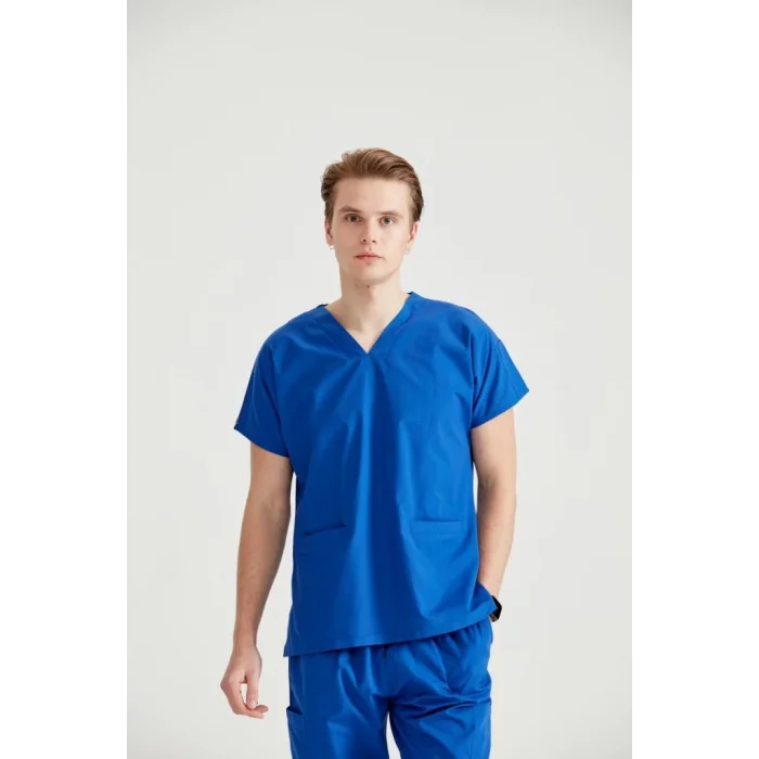 Saks Mavi Tek Renkli Likralı Kumaş Cerrahi Takım V Yaka Forma