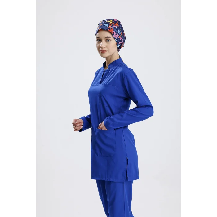 Sax Mavi Cerrahi Tesettür Takım Likra Kumaş Hakim Yaka Forma