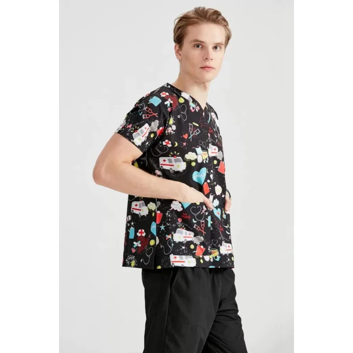 Siyah Ambulans Desenli Likra Kumaş Tek Üst Forma