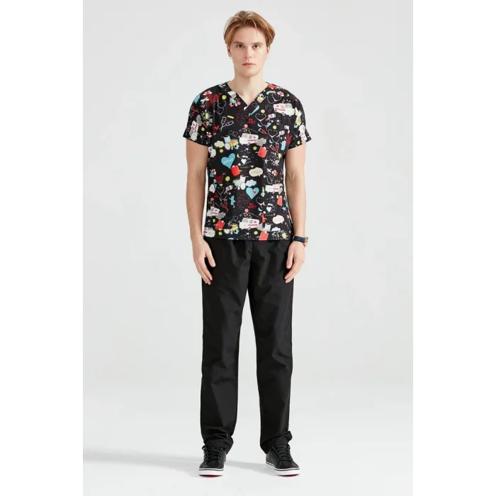 Siyah Ambulans Likralı Kumaş Cerrahi Takım V Yaka Forma