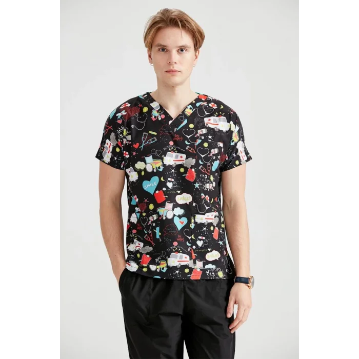 Siyah Ambulans Likralı Kumaş Cerrahi Takım V Yaka Forma