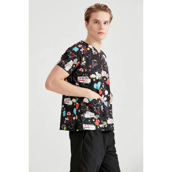 Siyah Ambulans Likralı Kumaş Cerrahi Takım V Yaka Forma