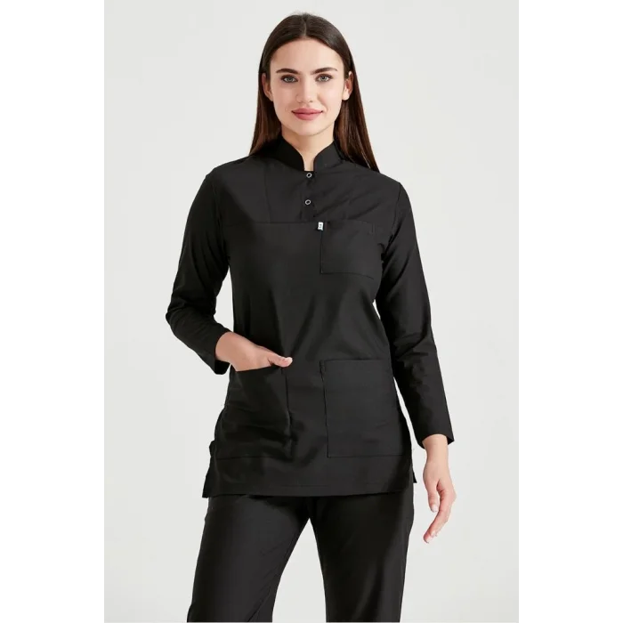 Cerrahi Tesettür Takım Likra Kumaş Hakim Yaka Forma Siyah Renkli