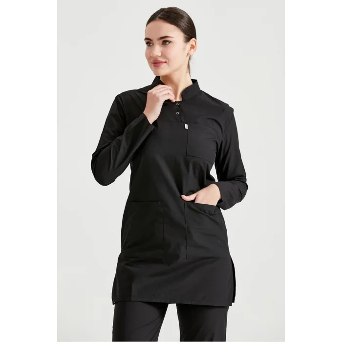 Cerrahi Tesettür Takım Terikoton İnce Kumaş Hakim Yaka Forma Siyah Renkli