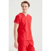 Red Single Color Lycra Fabric Surgical Set V Neck Uniform