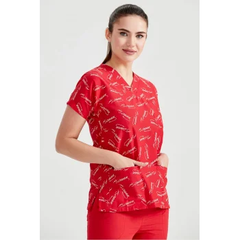 Kırmızı Atatürk Imza Desenli Tek Üst Terikoton Ince Kumaş Dr Greys Kesim Forma