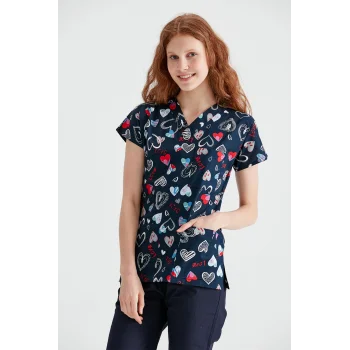 Navy Blue Heart Patterned Lycra Single Top Dr Greys Cut Form