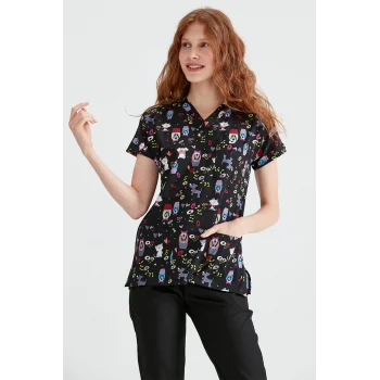 Likralı Siyah Kedi Desenli Takım Forma Dr Greys Kesim