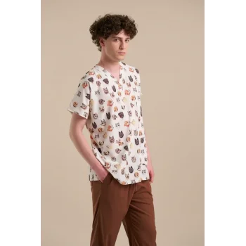 Bej Zemin Kedi Köpek Desenli Likra Kumaş V Yaka Cerrahi Takım Forma