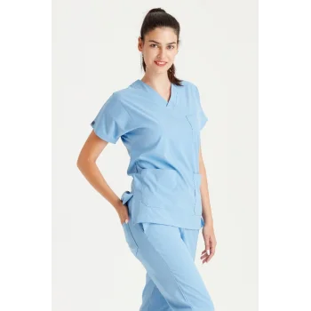 Baby Blue Lycra fabric Surgical set V-Neck Top