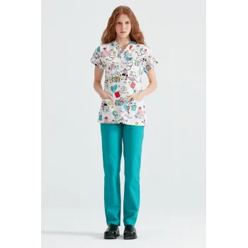 White Ambulance Patterned Lycra Fabric Surgical Set V Neck Uniform