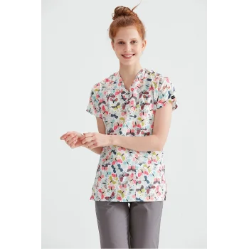 Beyaz Kelebek Desenli Tek Üst Likra Kumaş Dr Greys Kesim