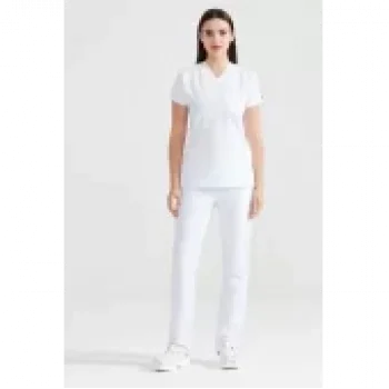 Beyaz Tek Renkli Büyük Beden Likralı Kumaş Cerrahi Takım V Yaka Forma
