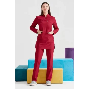 Bordo Cerrahi Tesettür Takım Terikoton Kumaş Hakim Yaka Forma