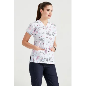 Cerrahi Forma Beyaz Gülen Diş Desenli Tek Üst Terikoton İnce Kumaş Dr Greys Kesim