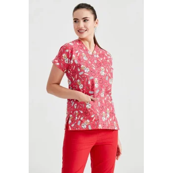 Cerrahi Takım Kırmızı Ayıcık Desenli Tek Üst Terikoton İnce Kumaş Dr Greys Kesim