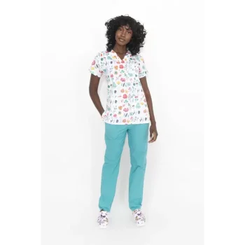 Çiçek Desenli Cerrahi Takım Likralı İnce Kumaş V Yaka Forma