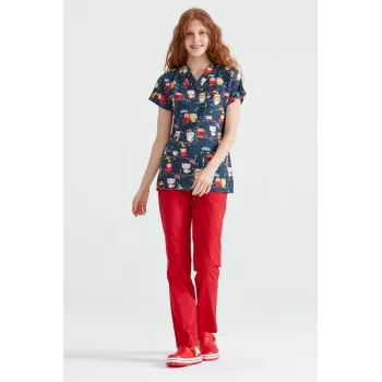 Çift Baykuş Desenli Likralı Kumaş Cerrahi Takım V Yaka Forma