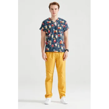 Sarı Çift Baykuş Desenli Likralı Kumaş Cerrahi Takım V Yaka Forma