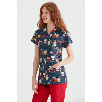 Patterned Nurse Uniform Double Owl Pattern Lycra Top Dr. Greys Cut