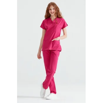 Fuchsia Monochrome Lycra Fabric Surgical Set V Neck Top