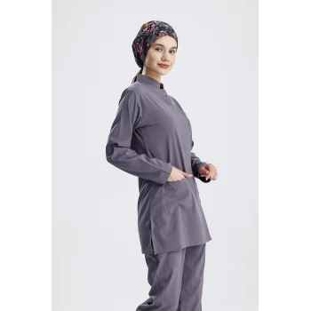 Gri Cerrahi Tesettür Takım Likra Kumaş Hakim Yaka Forma