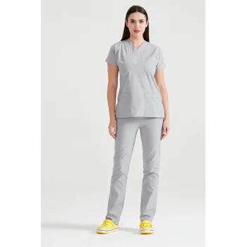 Açık Gri Renkli Cerrahi Takım Terikoton İnce Kumaş V Yaka Forma