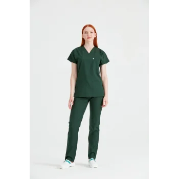 Haki Yeşili Tek Renkli Likralı Kumaş Cerrahi Takım V Yaka Forma