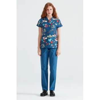 İndigo Ambulans Desenli Likralı Kumaş Cerrahi Takım V Yaka Forma