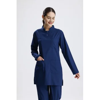 İndigo Mavi Cerrahi Tesettür Takım Likra Kumaş Hakim Yaka Forma