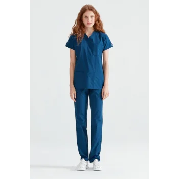 İndigo Mavi Tek Renkli Likralı Kumaş Cerrahi Takım V Yaka Forma
