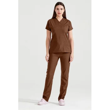 Brown Solid Color Lycra Fabric Surgical Set V Neck Uniform