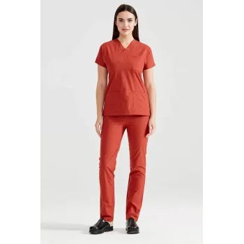 Kiremit Rengi Likra kumaş Cerrahi takım V Yaka Forma