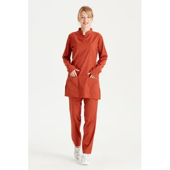 Terracotta Color Prayer-Performance Hijab Slim-Fit Rounded Neck Colorful Suit