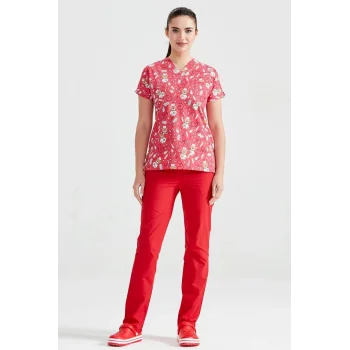 Red Bear Patterned Surgical Set Terry Cotton Thin Fabric V Neck Uniform