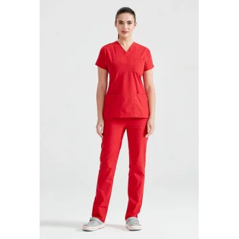 Kırmızı Tek Renkli Likralı Kumaş Cerrahi Takım V Yaka Forma