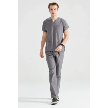 Dark Gray Monochrome Lycra Fabric Surgical Set V-neck Uniform