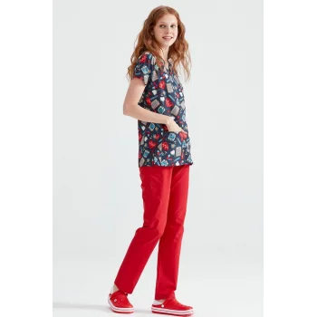 Koyu Reçete Desenli Likralı Kumaş Cerrahi Takım V Yaka Forma